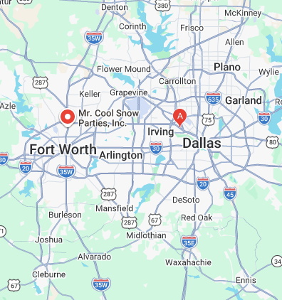 map of mr cool snow parties locations in Dallas and Fort Worth